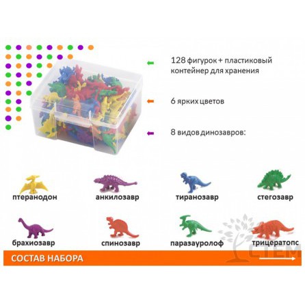 Материал счетный фигурки "Динозавры" (128 шт., 8 видов, 6 цветов)